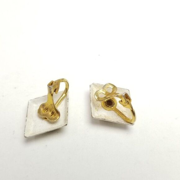 Vintage White and Gold Tone Diamond Shape Clip On earrings with Button Center - Picture 4 of 6